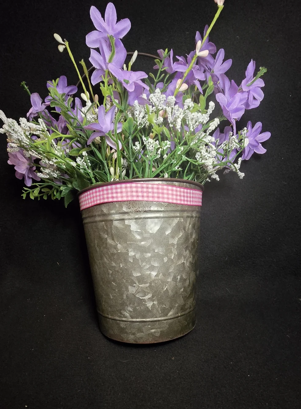 Rustic Galvanized Planter with Pink Gingham Trim and Purple Faux Florals